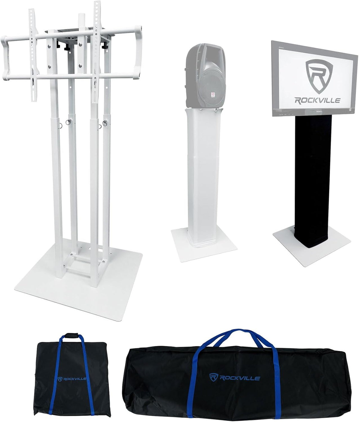 Rockville RTP33-TV Pro White Totem Stand 220 lbs DJ Speaker/Lighting/TV Mount, Detachable TV Mount, Adjustable 39-69 inch Height, Black/White Scrims, for DJs and Event Planners