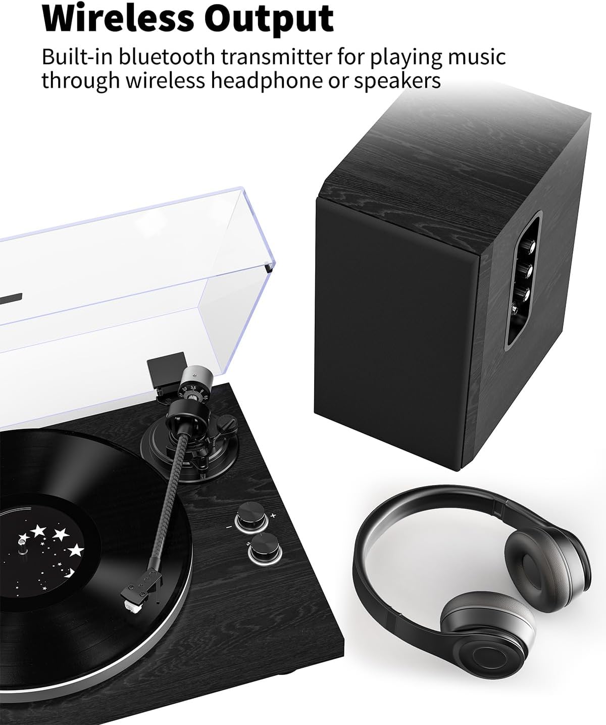 Turntable Vinyl Record Player Support Bluetooth Output Phono/Line Switch Pitch Control with Pre-Installed Counterweight & Magnetic Cartridge, Belt Drive 2 Speed