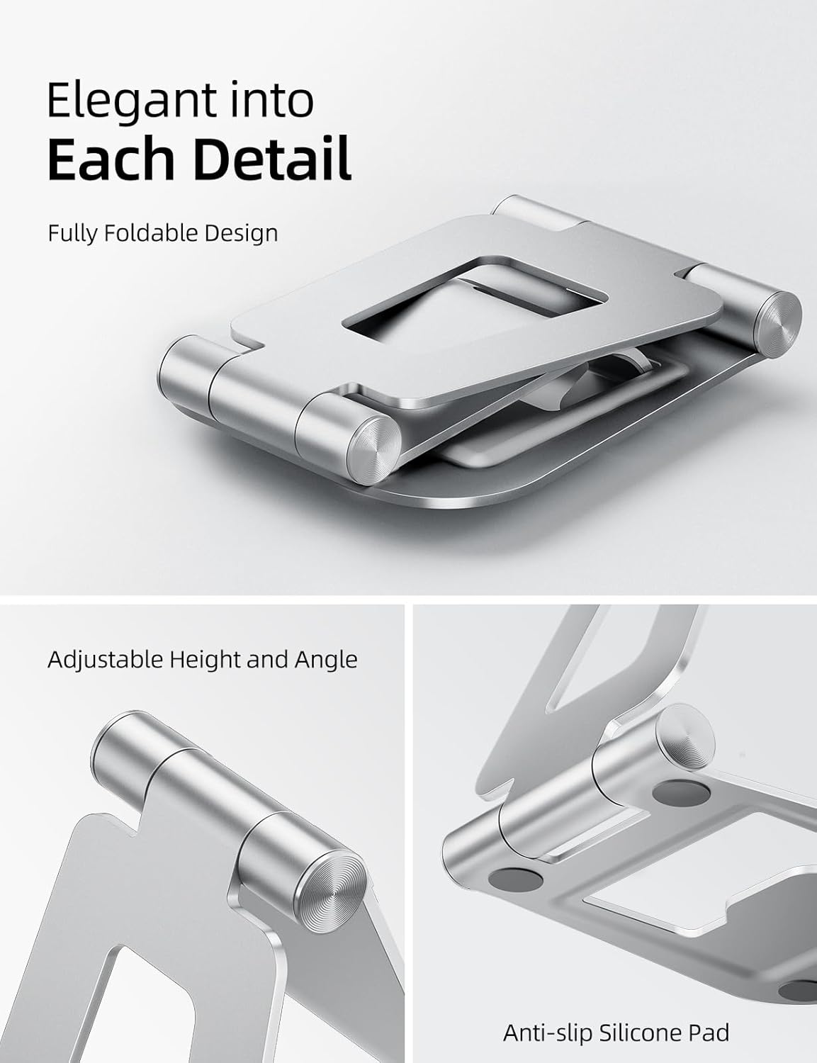 Nulaxy Aluminum Dual Foldable iPad Stand, Fully Adjustable Desktop Tablet Holder, Tablet Accessories for Office Kindle Compatible with Mobile Devices iPad Pro/Air/Mini, iPhone Pro/Max/Plus, Silver