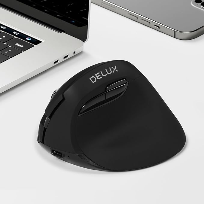 DELUX Wireless Ergonomic Mouse Vertical Mouse for Small Hand Silent Click Ergonomic Mouse Up to 4000 DPI 6 Buttons BT 5.0/2.4G Dual Mode for Carpal Tunnel for Laptop/PC (M618MINI DB-Black)