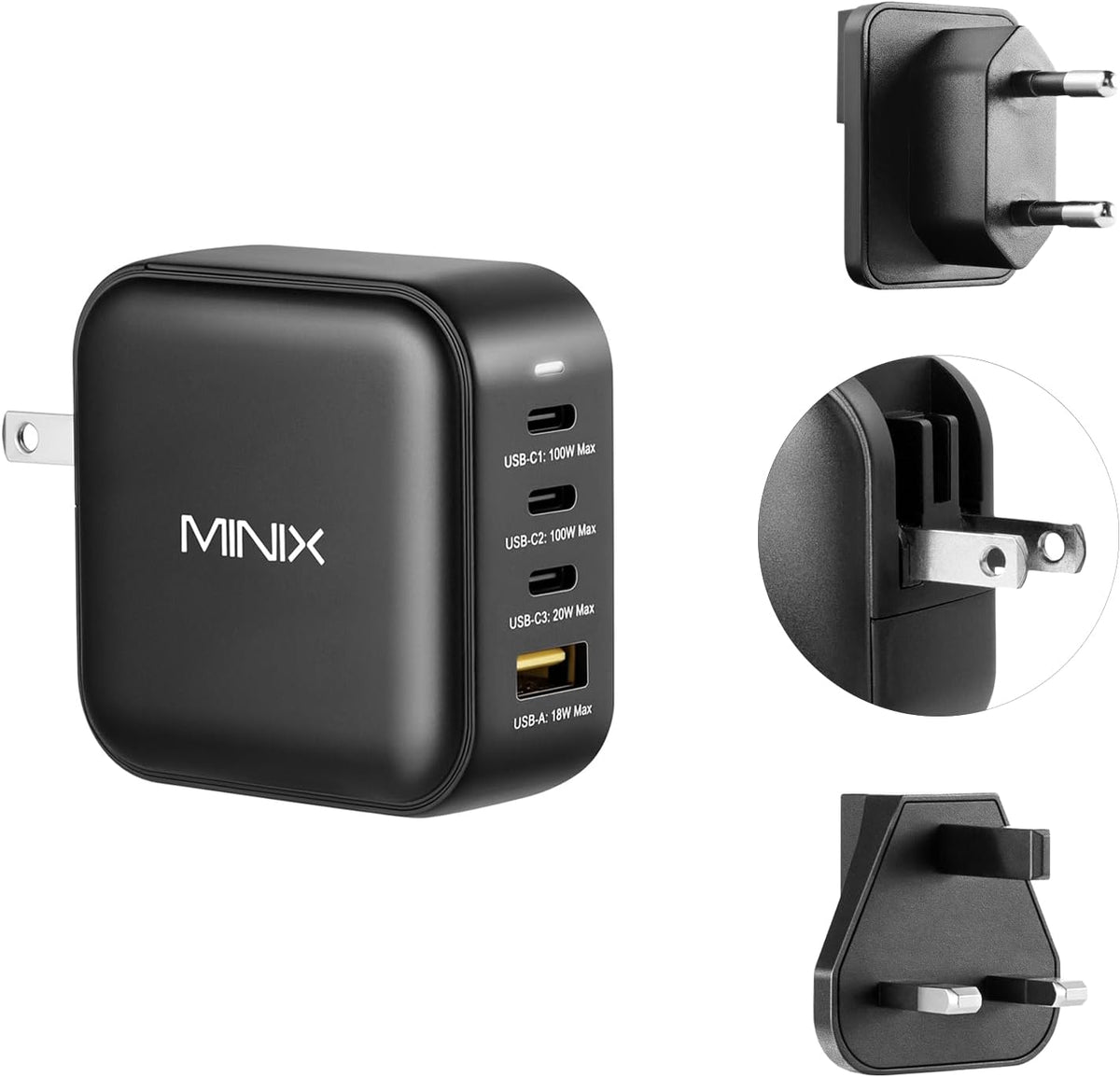 MINIX 100W USB C Charger, NEO P3 Turbo 4-Ports GaN Wall Charger, 3 x USB-C Port Fast Charging Adapter(Max 100W/20W), 1 USB-A (Max 18W). Compatible with MacBook Pro Air, Smart Phone,Laptop and More.