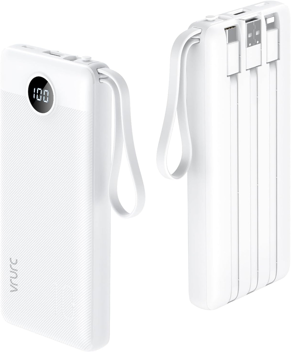 VRURC Portable Charger Power Bank, 10000mAh Travel Essentials Battery Pack, 5 Outputs 2 Inputs Slim Charing Bank Built-in Cables Cords Wires Compatible with iPhone,Samsung,Android-White(1 Pack)