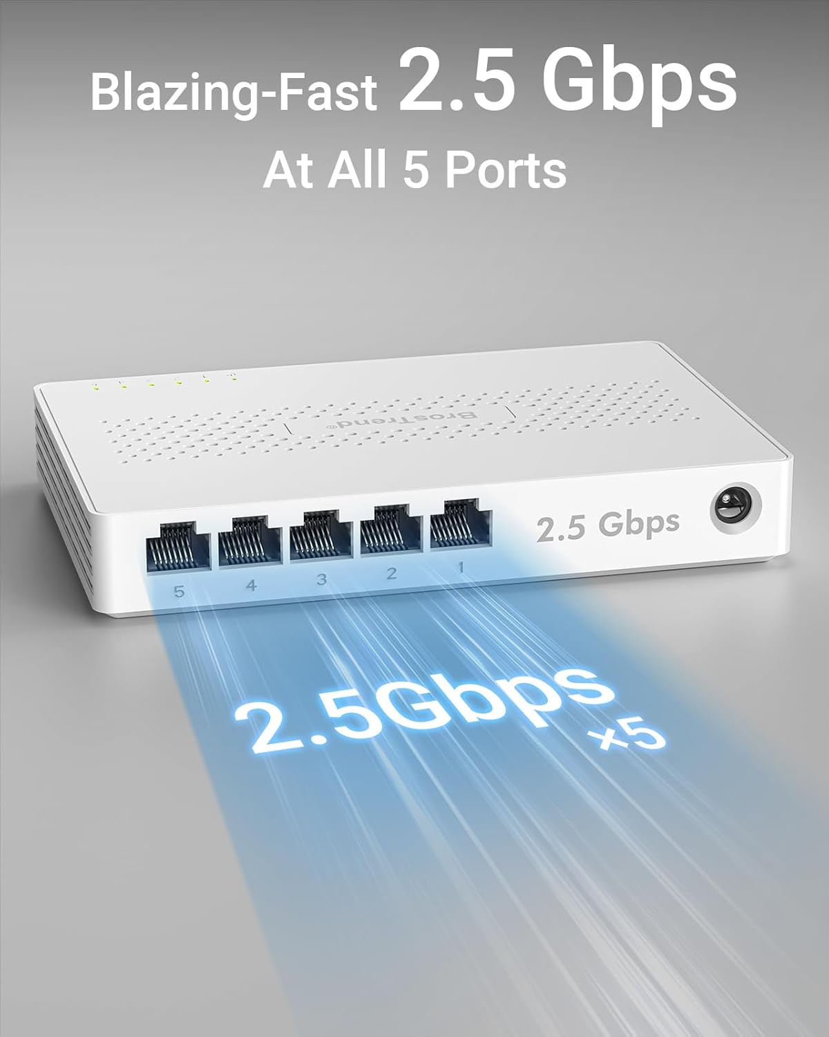 BrosTrend 5 Port 2.5GB Switch, Unmanaged Ethernet Switch for Game Console, PC, NAS, etc. 2.5 Gigabit Network Switch Fanless Plug & Play, Multi-Gigabit Switch, Desktop / Wall Mount, Lifetime Protection