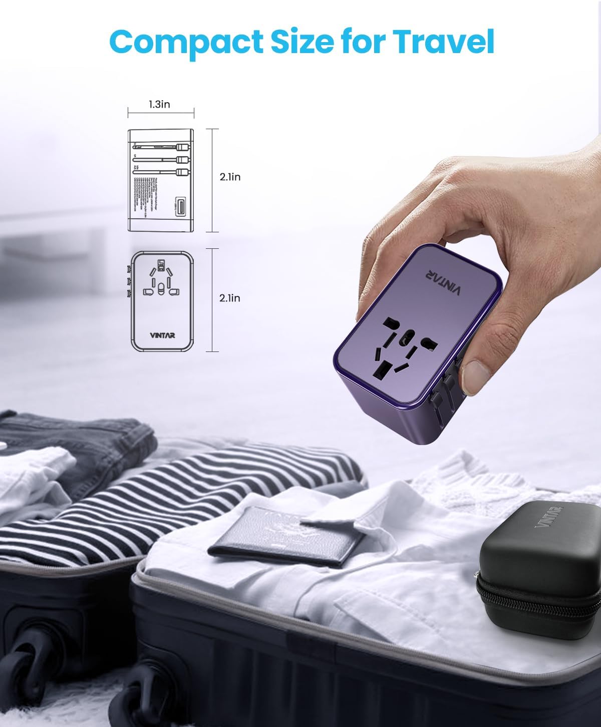 Universal Travel Adapter, VINTAR 75W GaN International Power Adapter with 3 USB-C PD and 2 USB-A QC Chrging Ports, All-in-one Outlet Converter Wall Charger for Europe UK USA AUS(Type C/G/A/I), Purple