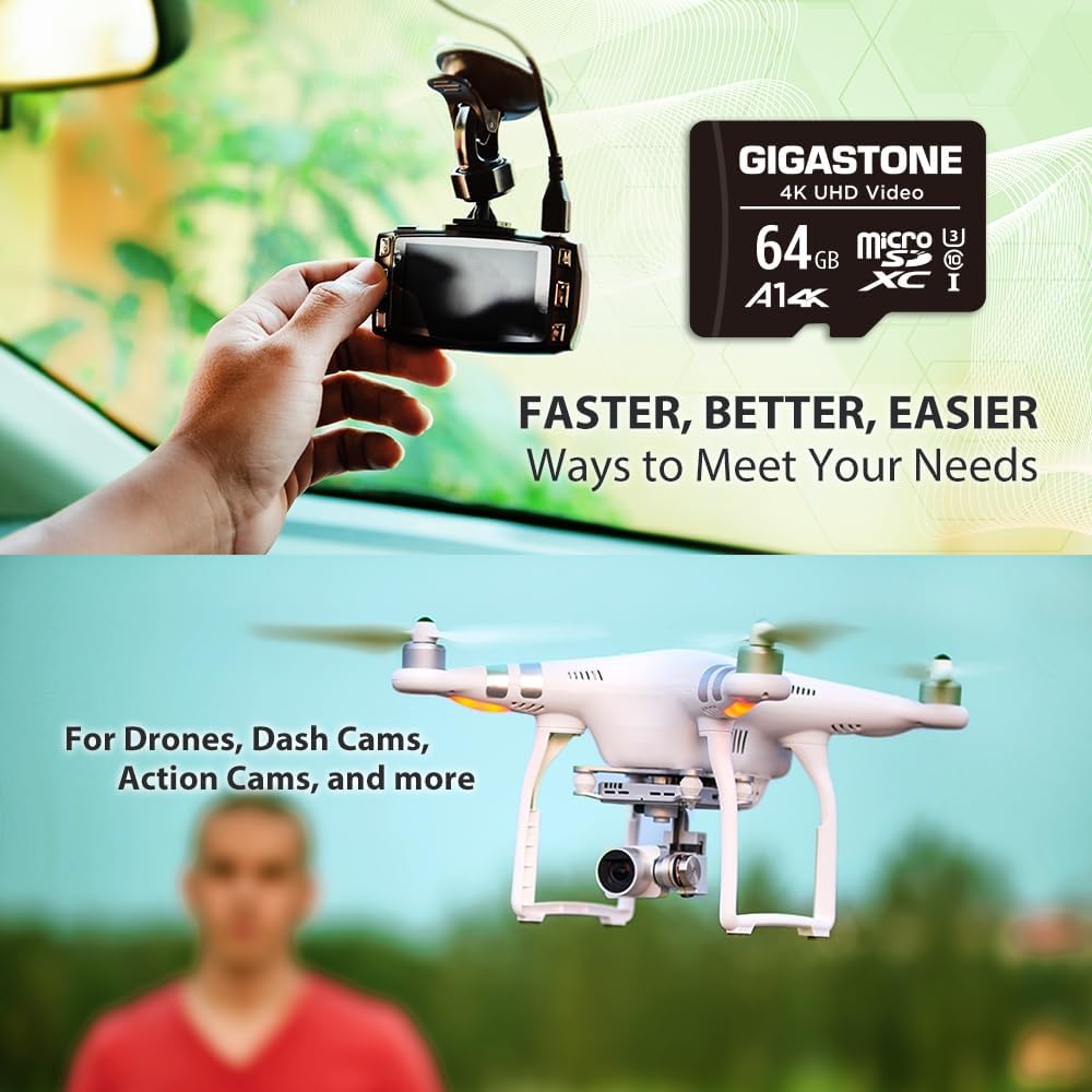 GIGASTONE 64GB Micro SD Card 10-Pack, A1 V30 4K Video Recording, Surveillance Security Cam Action Camera Drone Professional, 90MB/s Micro SDXC UHS-I Class 10