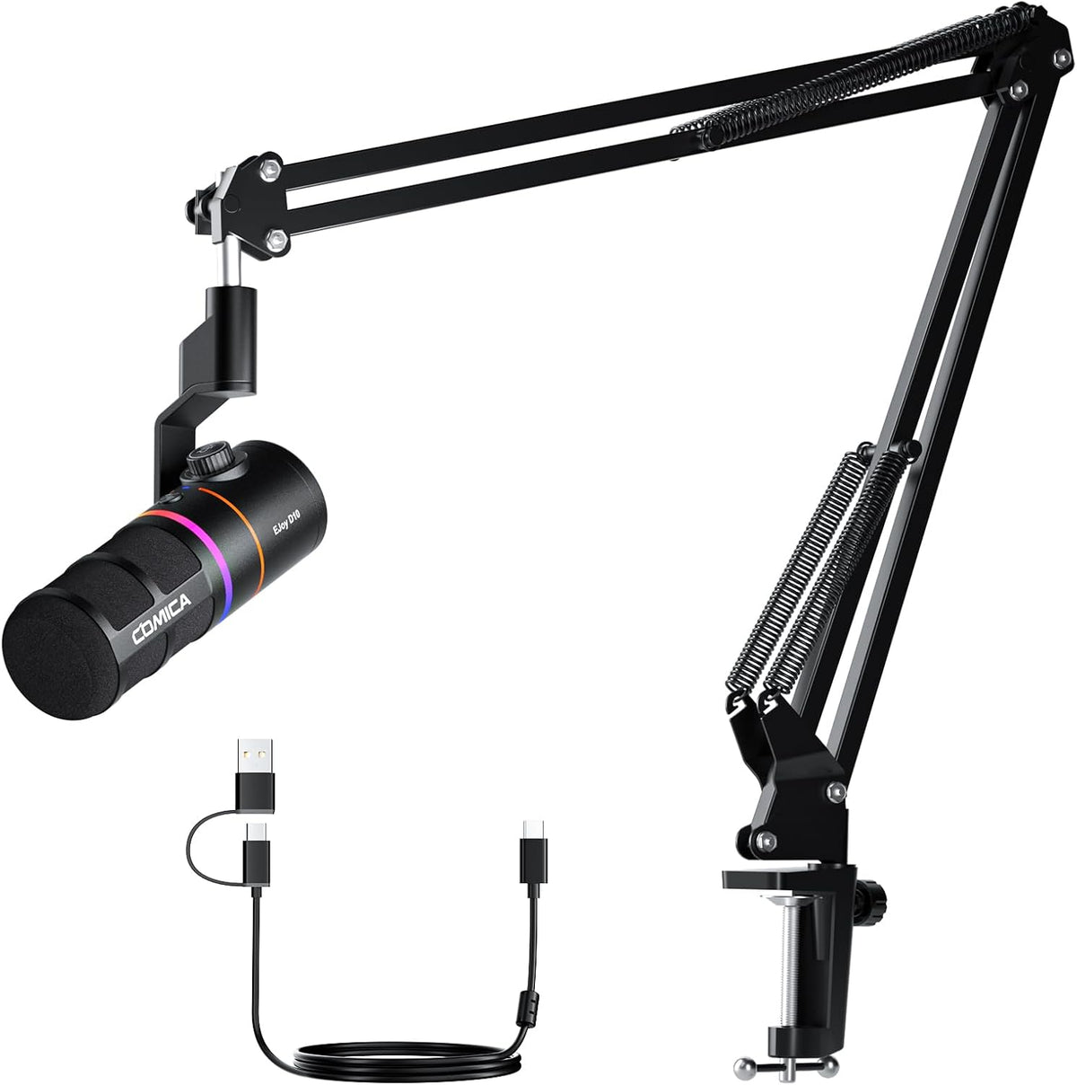COMICA EJoy D10(A) USB Gaming Microphone – Boom Arm Mic with Noise Cancellation, XLR/USB-C, Real-Time Monitoring, Muting, RGB Professional Studio Mic for Gaming, Streaming, Podcast, Recording (Black)