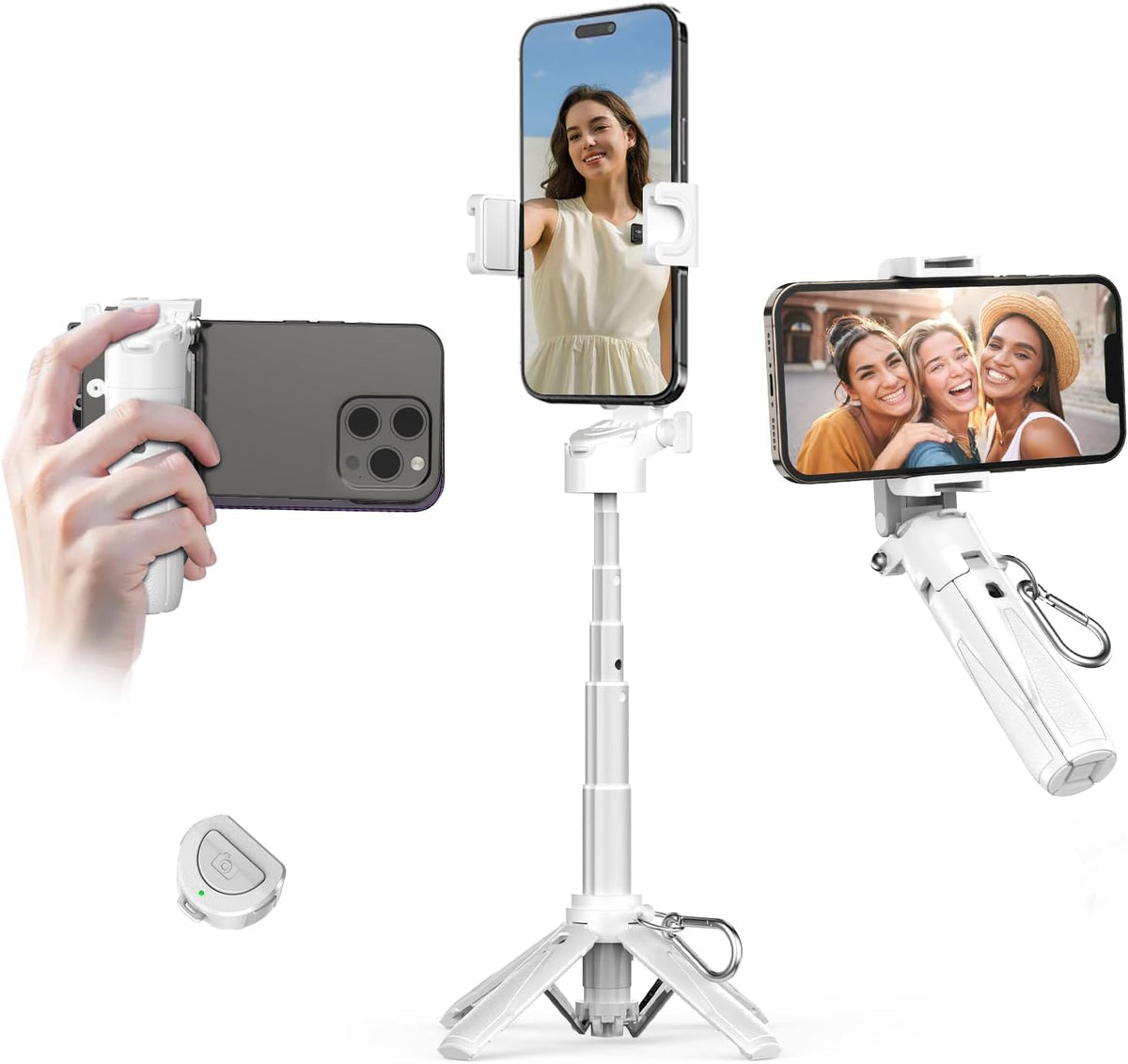 Portable Selfie Stick Tripod with Remote, 3-in-1 Pocket Size Phone Tripod Grip with 2 Cold Shoes, Mini Selfie Stick for iPhone Android, Phone Holder for Vlog, Livestreaming, Photography