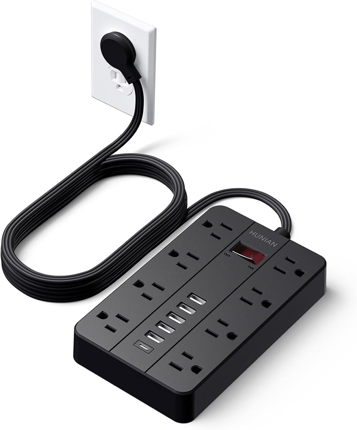 Power Strip Surge Protector, HUNIAN Flat Plug 10 Ft Long Extension Cord with 8 Widely Spaced Outlets 6 USB (1 USB C Port), Wall Mount Charging Station for Home and Office