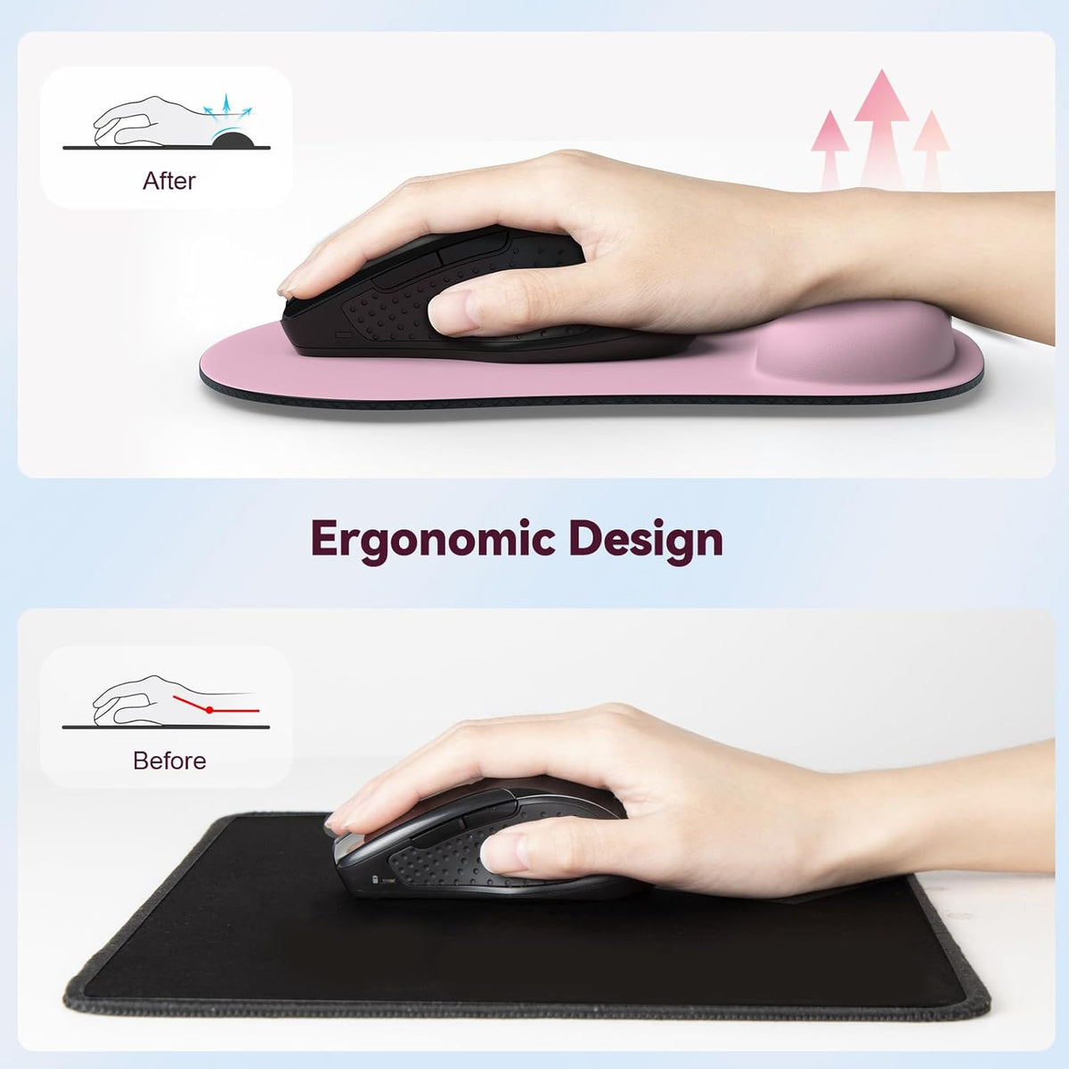 TECKNET 2 Pack Mouse Pad with Wrist Support, Ergonomic Gaming Mouse Pad Pain Relief, Portable Comfortable Mousepad for Computer, Laptop, Office, Home Non-Slip Base, Waterproof Surface - Pink