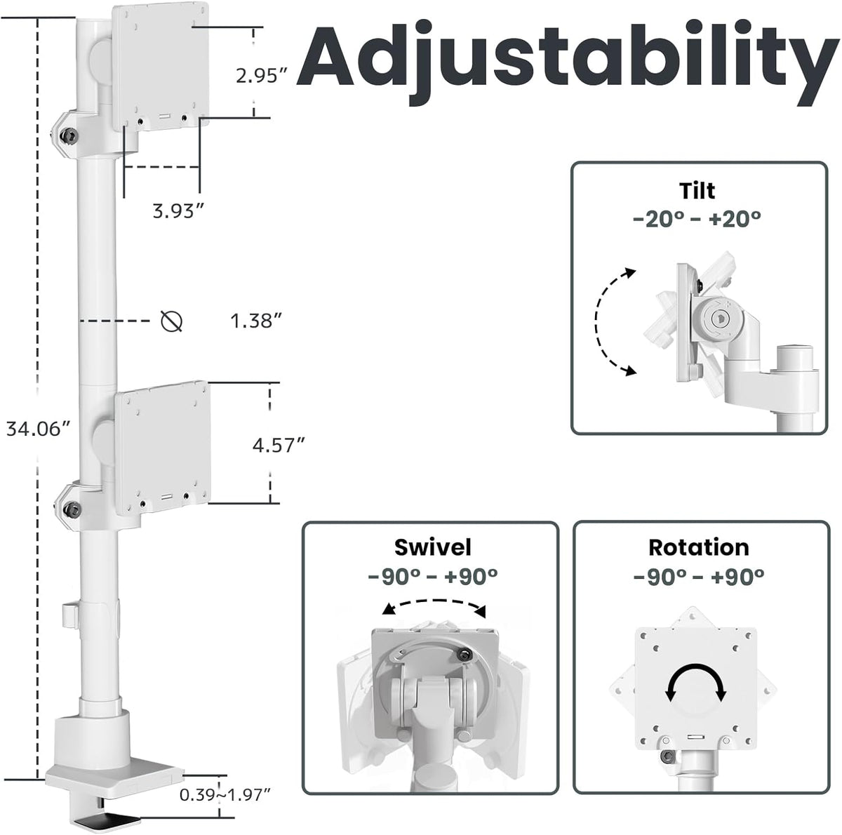 Dual Monitor-Arm Heavy Duty Ultrawide - 24-57 inch Vertical Dual Monitor Mount, Adjustable Stacked Double Monitor Desk Mount Stand, Max Load 59.4 lbs (per Screen), VESA 75/100 mm, White