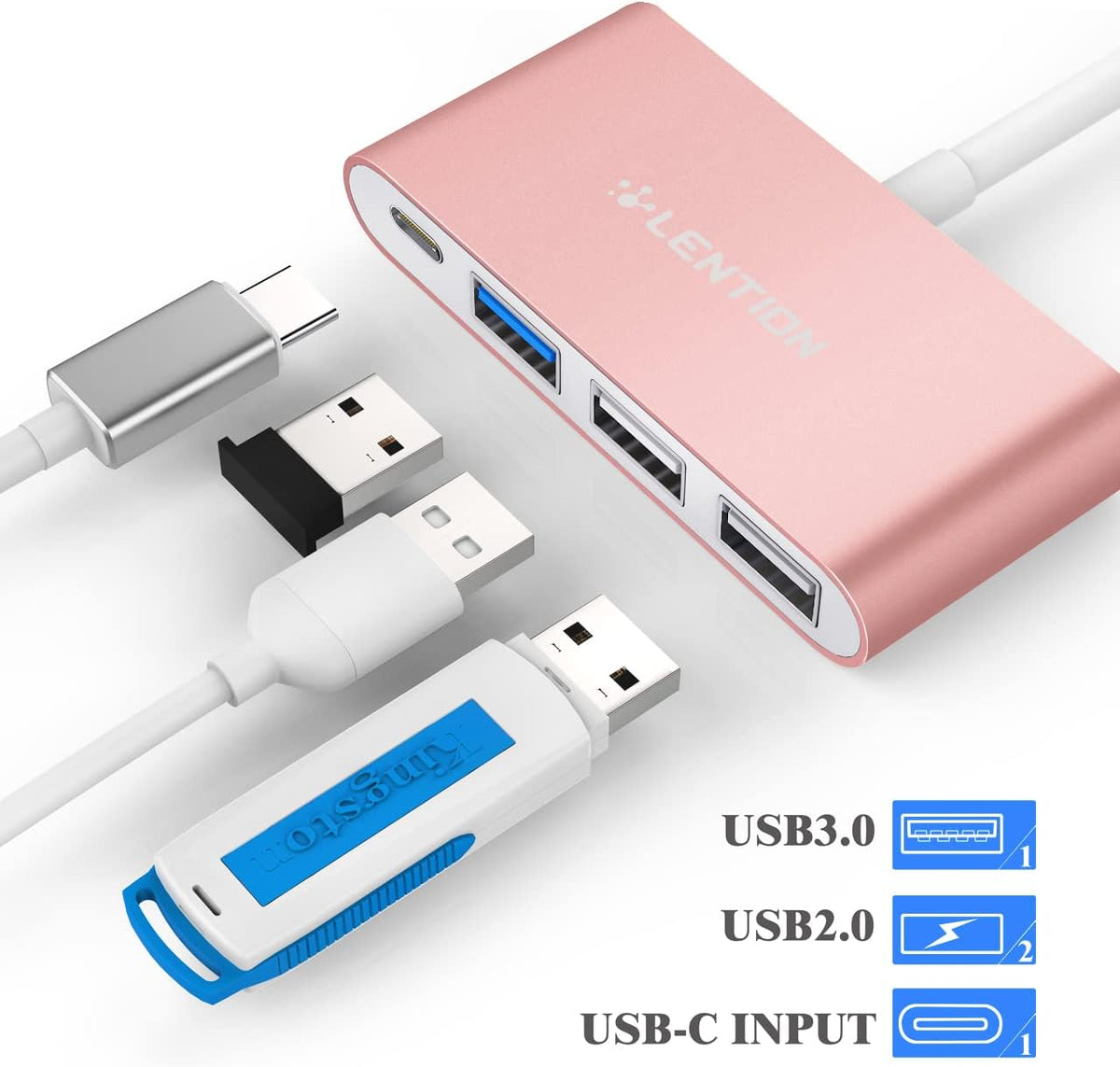 LENTION 4-in-1 USB-C Hub with Type C, USB 3.0, USB 2.0 for 2024-2016 MacBook Pro (M1-M4), iPhone 16-15 New Mac Air/Surface, ChromeBook, More, Multiport Charging & Connecting Adapter (C13, Rose Gold)