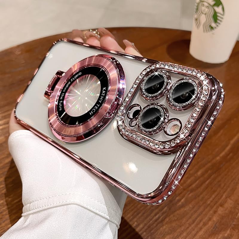 Magnetic Kickstand (Glitter Lens Protector ) Case for iPhone 15 14 13 12 Pro Max (Compatible with Magsafe ) Sparkling Diamond Cover Glitter Shiny Rhinestone Cases (Pink,for iPhone 13 Pro Max)