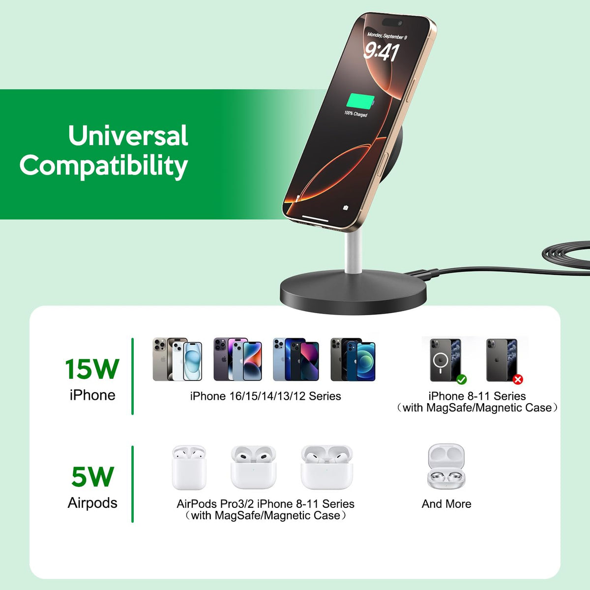 2Pack Magnetic Wireless Mag-Safe Charger Stand,Long 6FT USB C Cable + USB C Charge Block + 15W Apple Magsafe Wireless Station/Pad Fast Charging for iPhone 16 Pro/16 Plus/16 Pro Max/15/14/13/12/AirPods