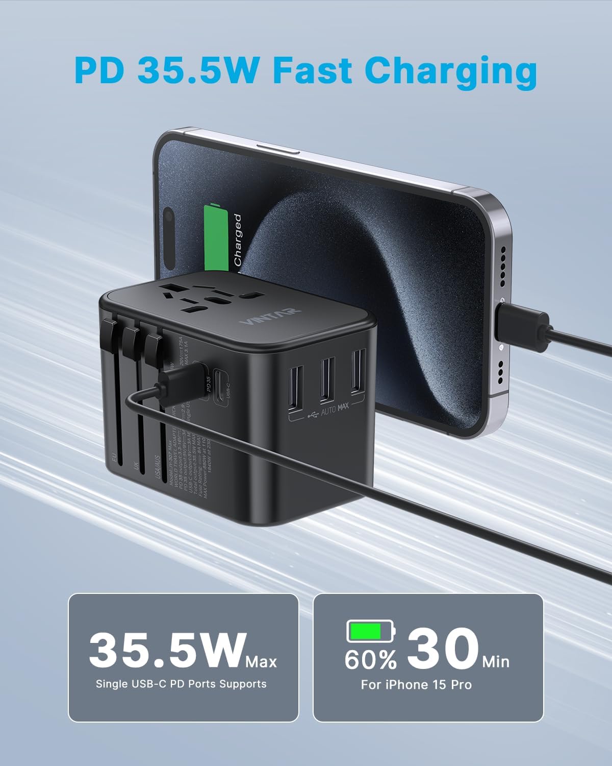Universal Travel Adapter, VINTAR 35.5W International Power Adapter with 3 USB A QC and 2 USB C PD, All in One Plug Adapter Worldwide Travel Essentials for EU/UK/USA/AUS(Type C/G/A/I), Black