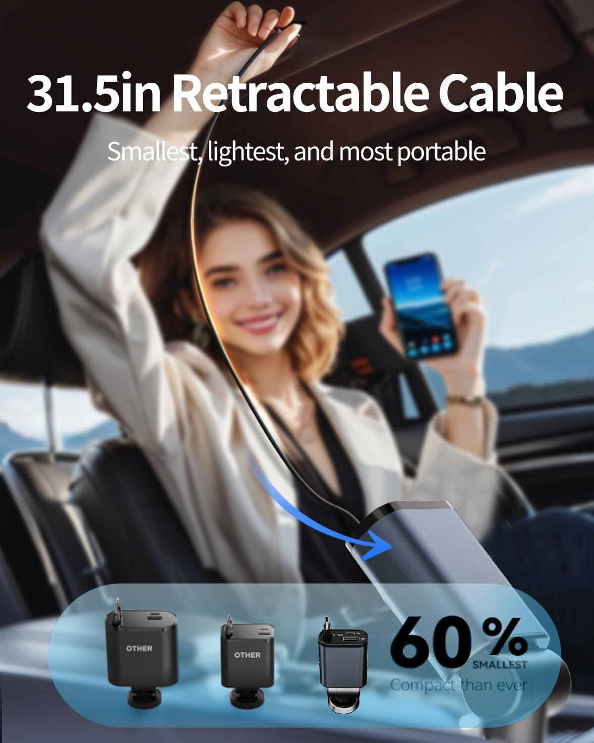 Retractable Car Charger, 3 in 1 Fast Car Phone Charger 50W, 1 TypeC Retractable Cables and USB Port, Compatible with iPhone 16/15/14/13/12/11,Galaxy,Pixel