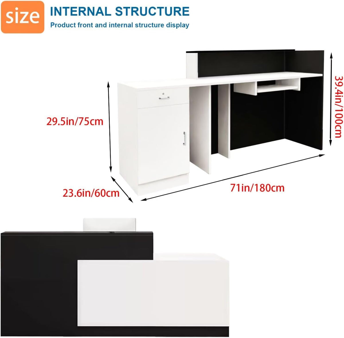 Reception Desk with Counter Modern Checkout Counter with Lockable Drawer Keyboard Tray Receptionist Desk for Office Salon Reception Table H Left 71inch/180cm
