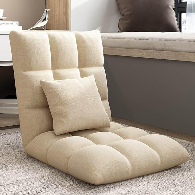 GIZNXBA Floor Chair with 6 Adjustable Positions Foldable Floor Lazy Sofa Folding Floor Gaming Chair with Pillow Meditating Floor Chair for Living Room Bedroom Office(/Khaki)