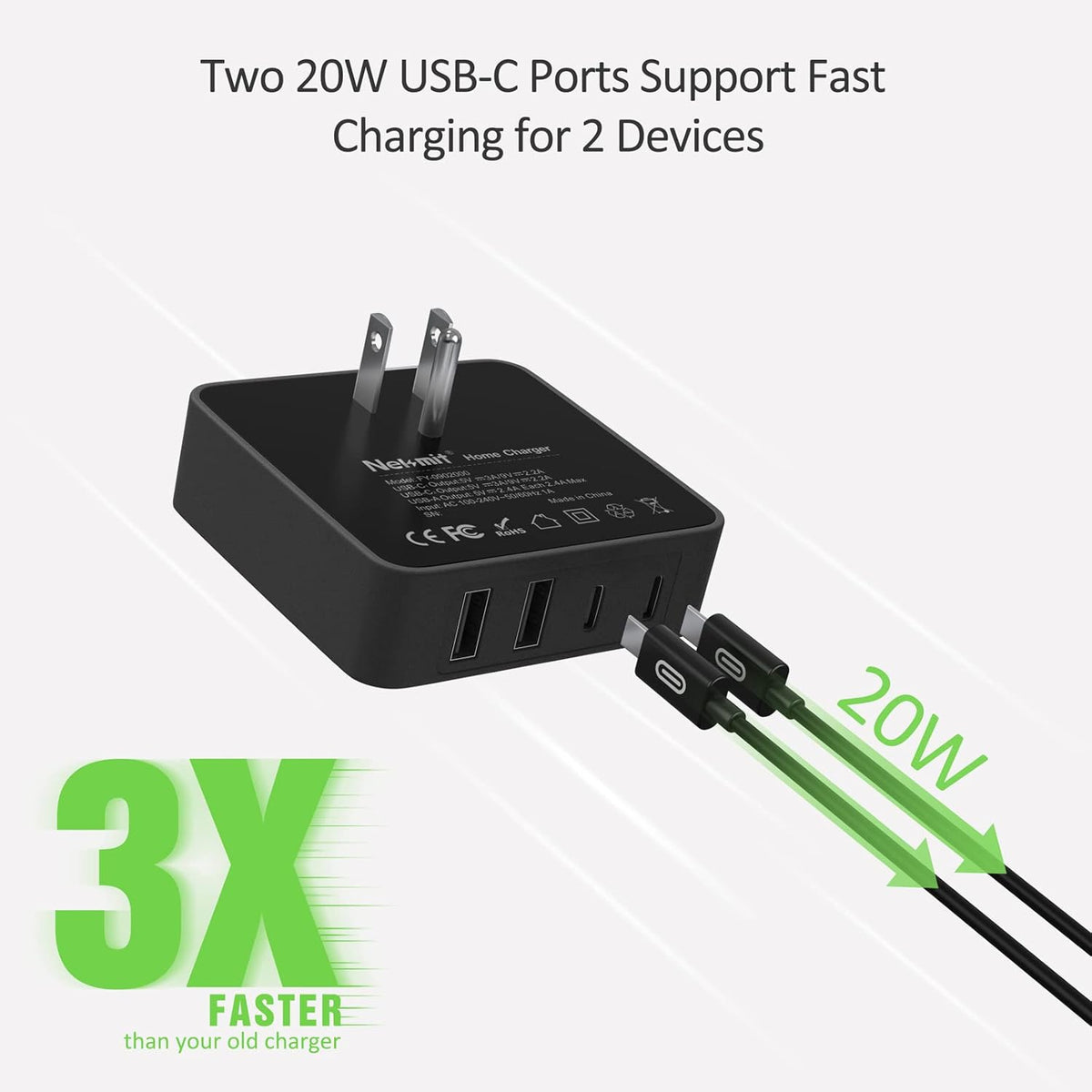 Nekmit USB C Charger, Fast Thin Flat 52W 4-Port Wall Charger with Two 20W Power Delivery and 2 USB Port for iPhone 14/14 Pro/14 Pro Max, Galaxy, Pixel, iPad Pro, AirPods Pro and More, Upgraded
