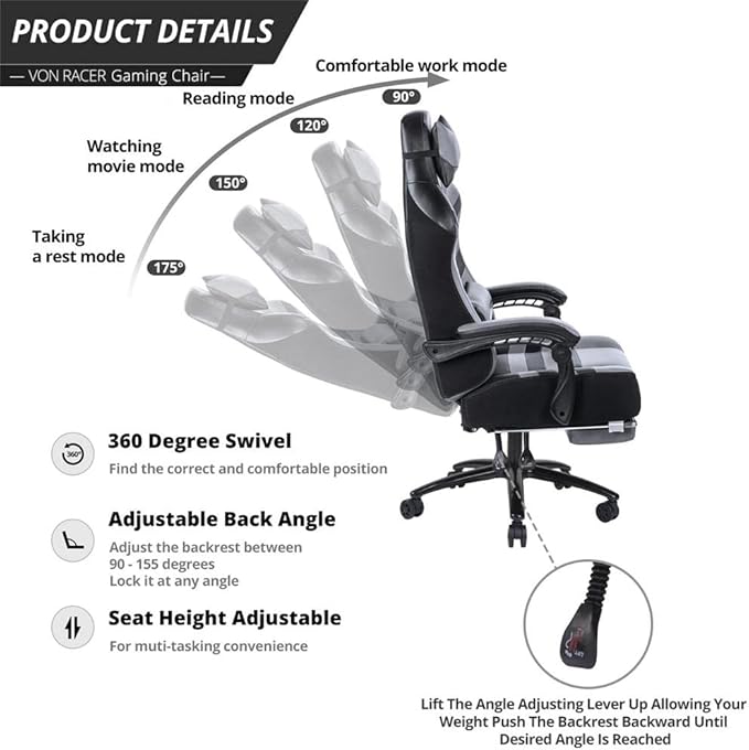 Comfort Redefined: Grey PU Adjustable Swivel Racing Office Chair - Ergonomic Design for Gamers &amp Work!