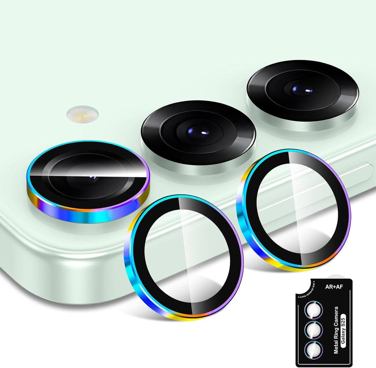 for Samsung Galaxy S25 Camera Lens Protector, Individual Metal Ring Tempered Glass Lens Cover, [Strong Adsorption] Scratch Resistant Ultra-Thin HD Clear Lens Cover, 1 Set-Colorful Ring