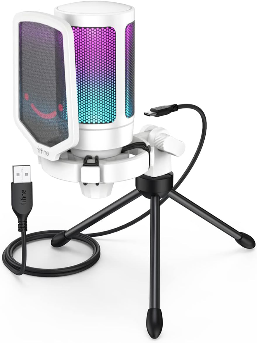 FIFINE AmpliGame USB Microphone, PC Gaming Recording Desktop Laptop Mic, RGB Streaming Podcasting Condenser Mic for Online Game, Vocal, with Mute Button, Gain Knob, Tripod Stand-A6V White
