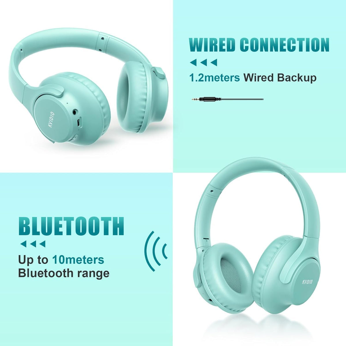KVIDIO Bluetooth Headphones Over Ear, 65 Hours Playtime Wireless Headphones with Microphone, Foldable Lightweight Headset with Deep Bass, HiFi Stereo Sound Low Latency for Travel Work Cellphone