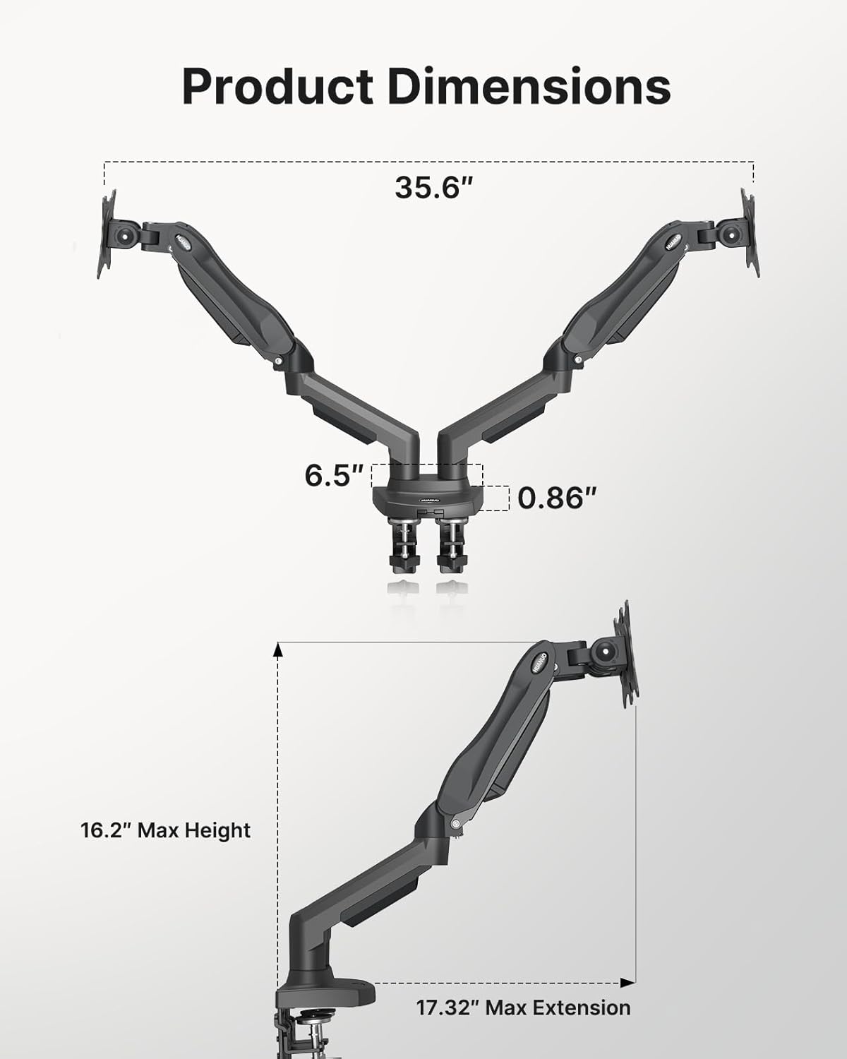 HUANUO Dual Monitor Stand - Full Adjustable Monitor Desk Mount Swivel Vesa Bracket with C Clamp, Grommet Mounting Base for 13 to 32 Inch Computer Screens - Each Arm Holds 4.4 to 19.8lbs -Grey