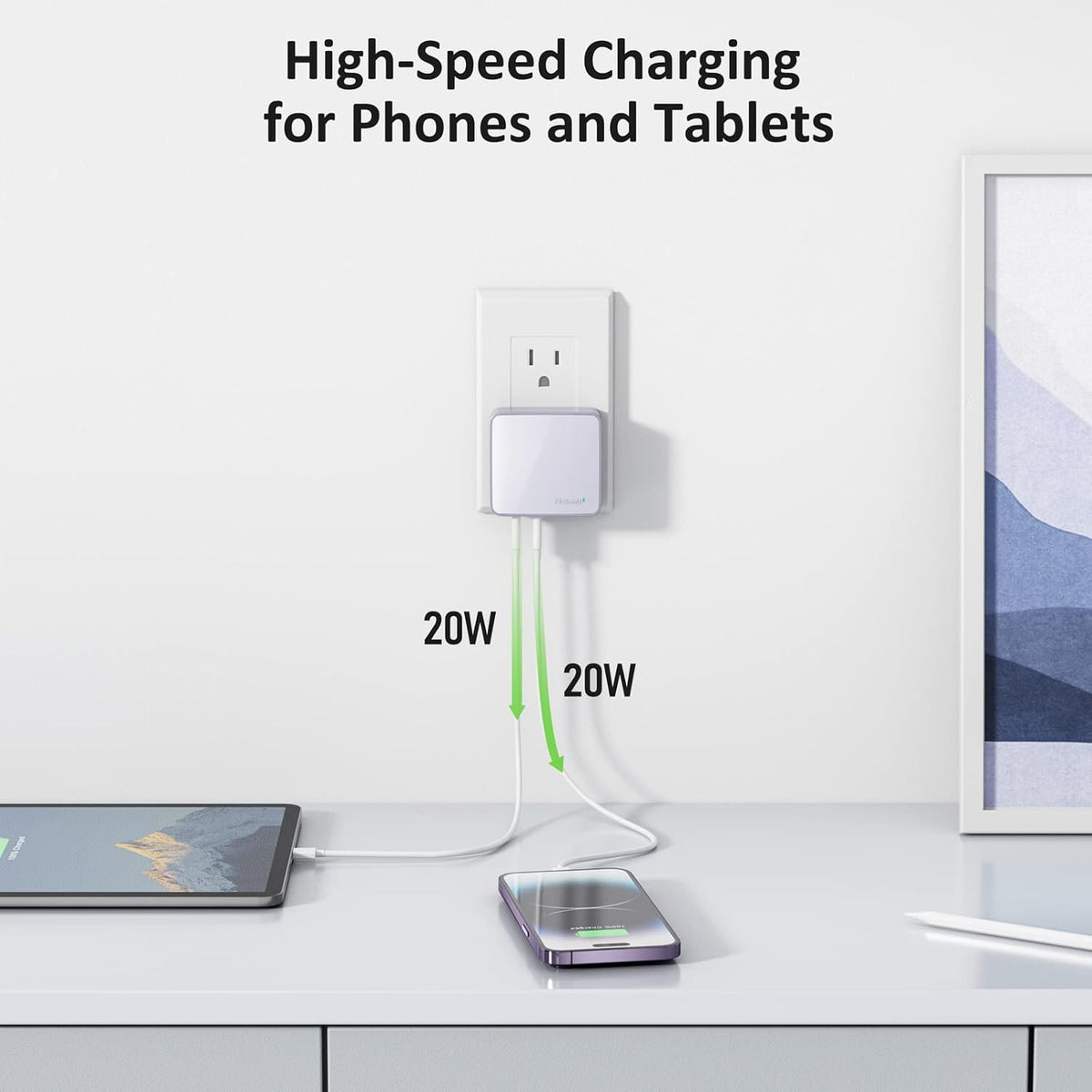 Nekmit USB C Charger, Thin Flat 52W 4-Port Fast Wall Charger with Two 20W Power Delivery and 2 USB Port for iPhone 14/14 Pro/14 Pro Max, Galaxy, Pixel, iPad Pro, AirPods Pro and More, Purple