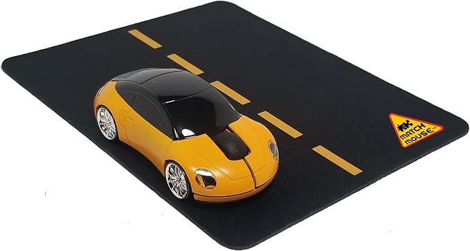 Wireless Car Mouse + Car Mousepad Combo – 2.4GHz Optical Wireless Mouse Cute Novelty Gift for All Ages Ergonomic Design USB Receiver Working Headlights (Yellow)