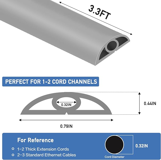 Floor Cord Cover Self Adhesive Cord Hider Floor Extension Cord Covers for Floor Power Cord Protector Cable Management Prevent Cable Trips Cable Cavity 0.32" W x 0.32" H (Grey, 3.3Ft)