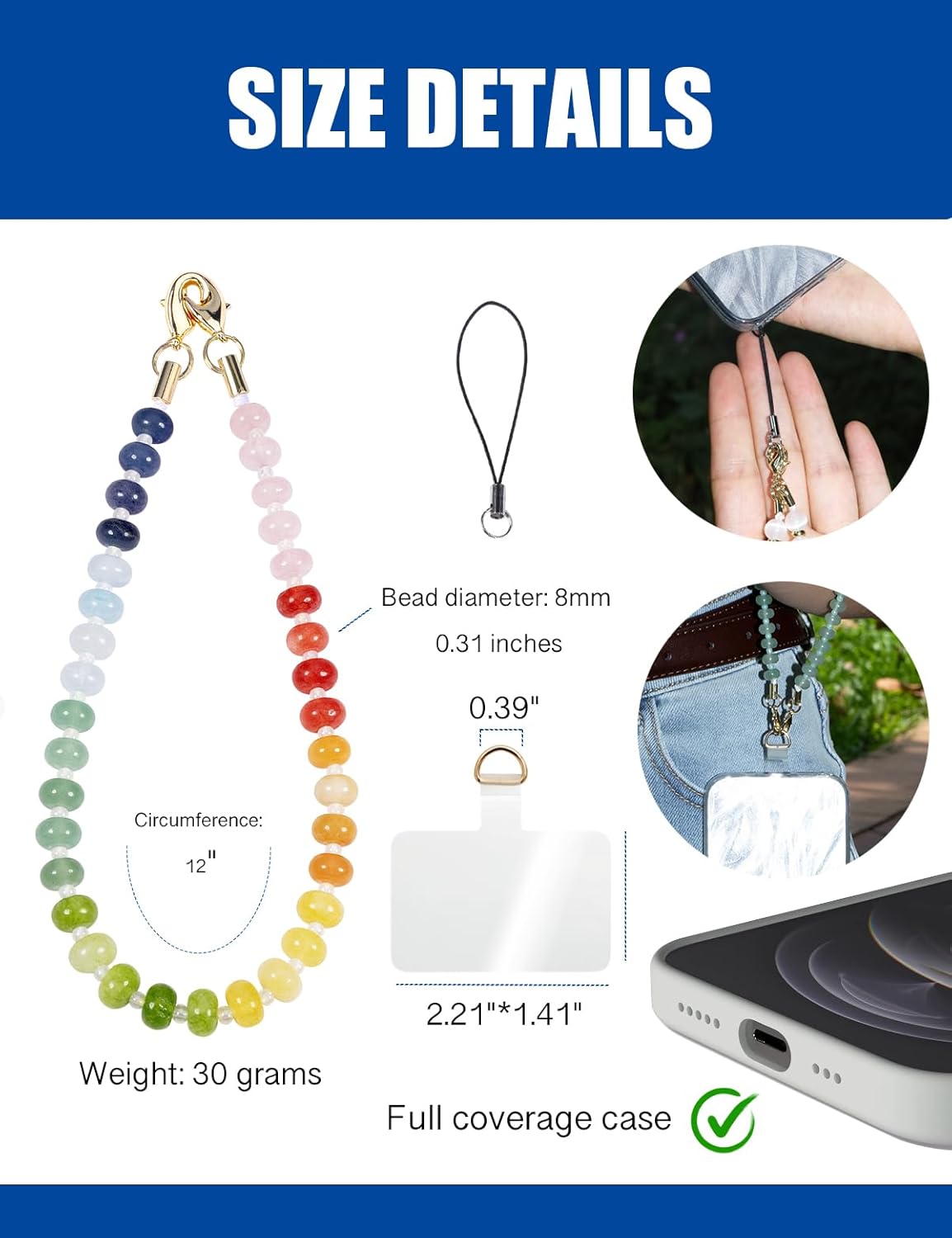 Handmade Natural Gemstone Crystal Beaded Charm Cell Phone Camera Lanyard, Hands-Free Wrist Strap, Phone Chain String, Keychain Decor for Walle (Rainbow)