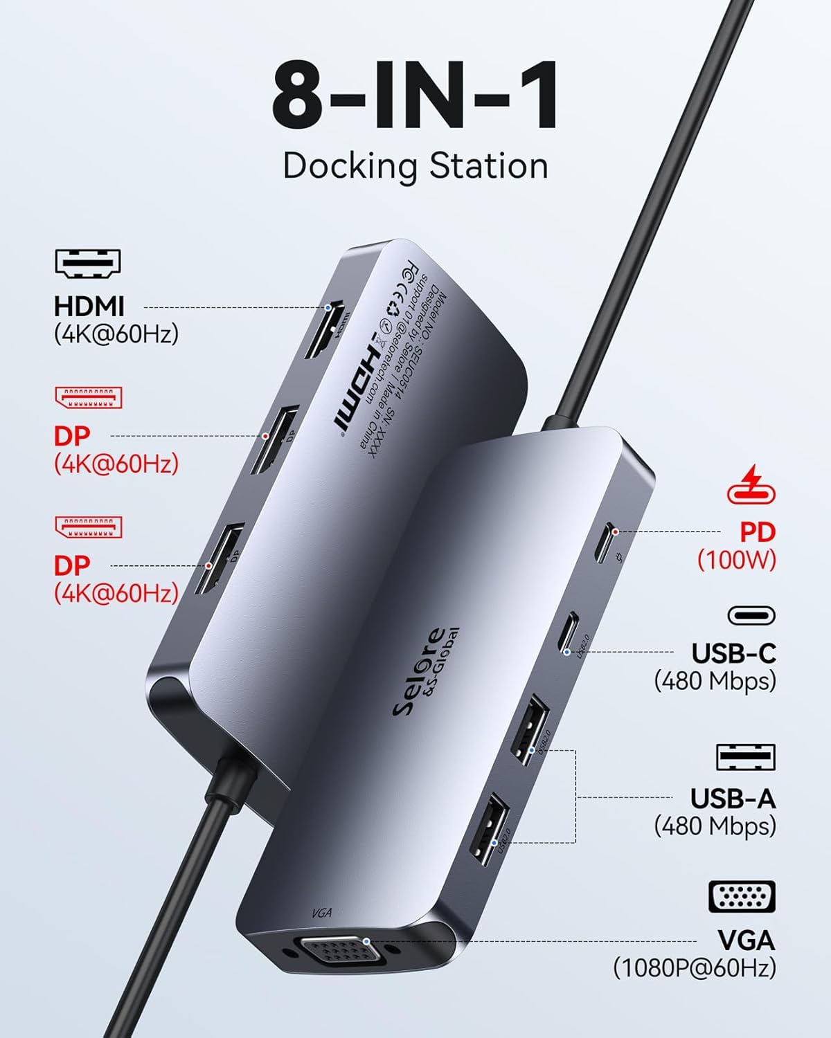 USB C Docking Station Dual Displayport Monitor, USB C Hub Displayport with 2 DP, HDMI, VGA, PD Charging, USB A&C 2.0 Ports Multi Monitors Adapter for Dell/HP/Lenovo, etc