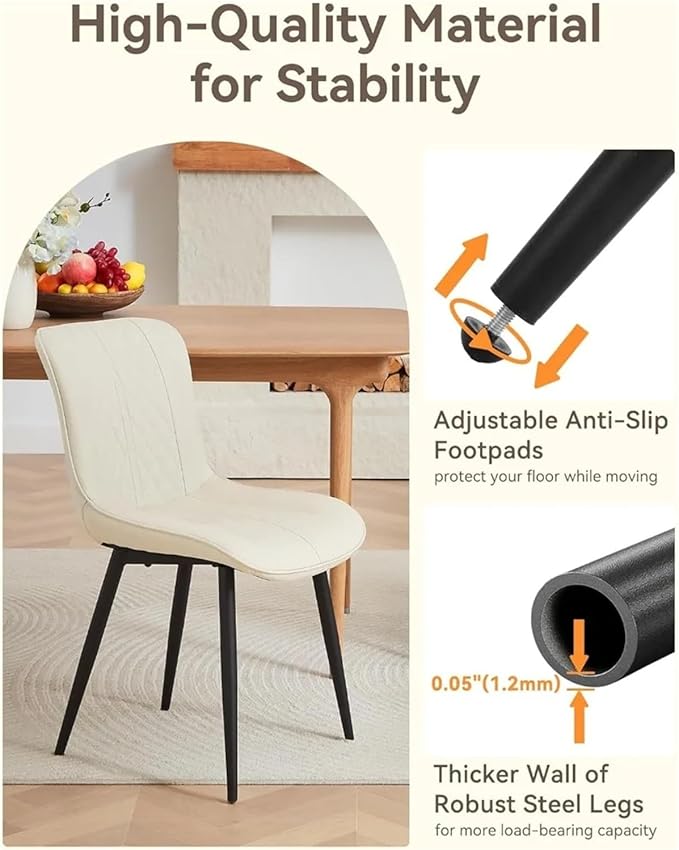 Adjustable Office Computer Chair with Armrest 2pcs Leather Upholstered Dining Chairs with Solid Metal Legs Curved Backrest(Beige)