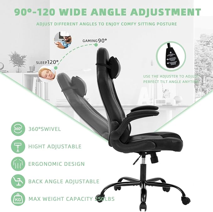 Video Gaming ChairErgonomic Computer Office Desk Chair with Comfy Lumbar Support PU Leather Recliner with Headrest Fixed Up Armrest Height Adjustable with 360° Swivel for Adults GamingBlack