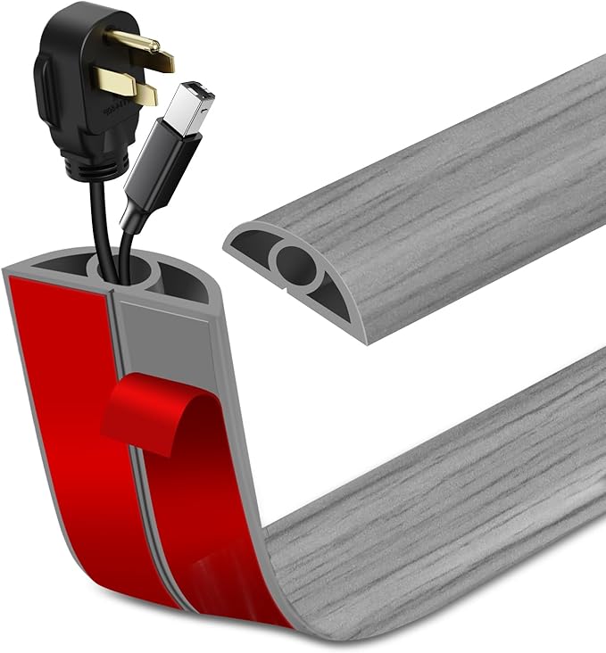 Floor Cord Cover Self Adhesive Cord Hider Floor Extension Cord Covers for Floor Power Cord Protector Cable Management Prevent Cable Trips Cable Cavity 0.32" W x 0.32" H (Light Grey Wood, 10Ft)