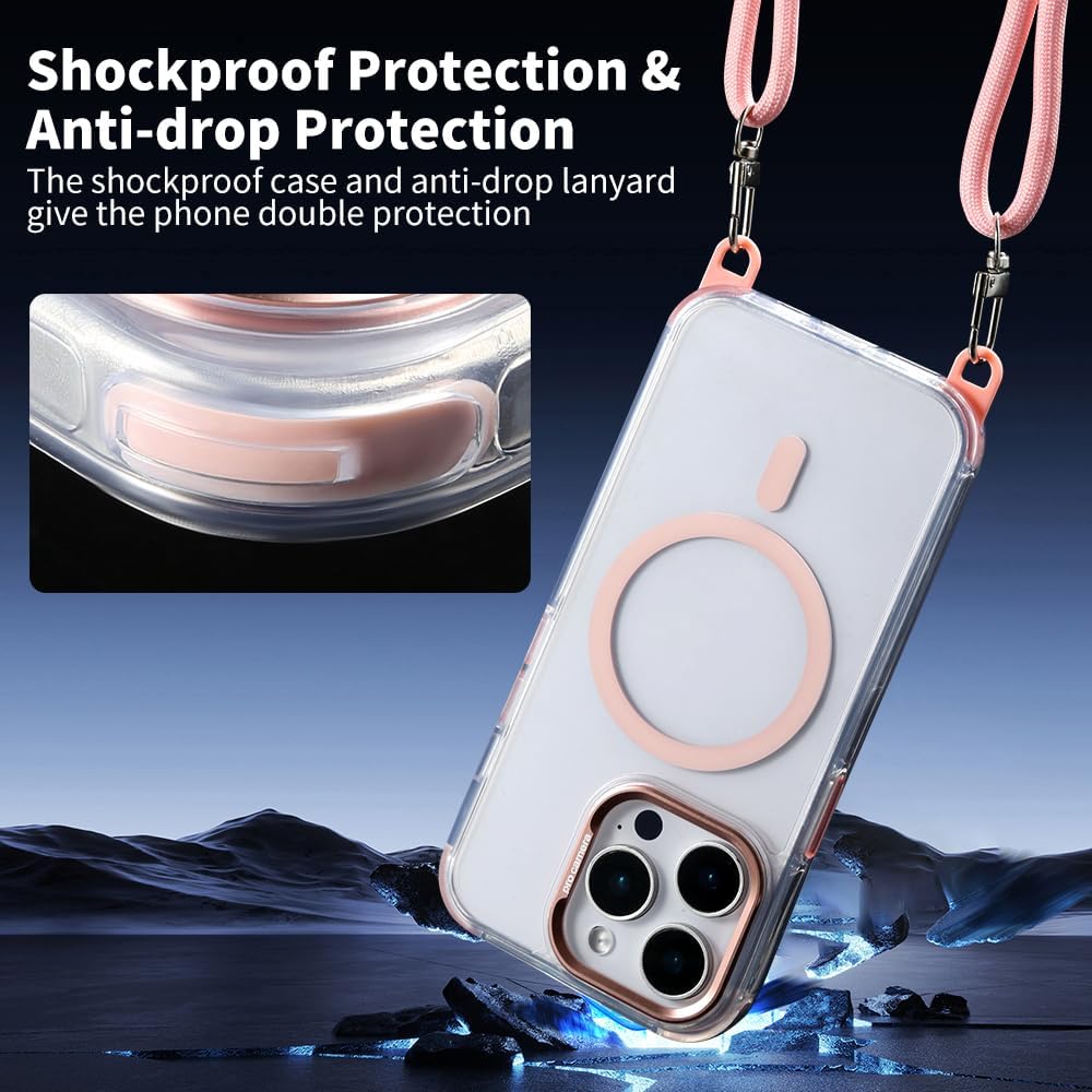 for iPhone 14 Pro Max Case with 62.99 inch Lanyard, Classic Clear&Pink Magnetic Phone Case, Drop&Shockproof Protection Cases, Phone Holder Lanyard, Compatible with Magnet Accessory