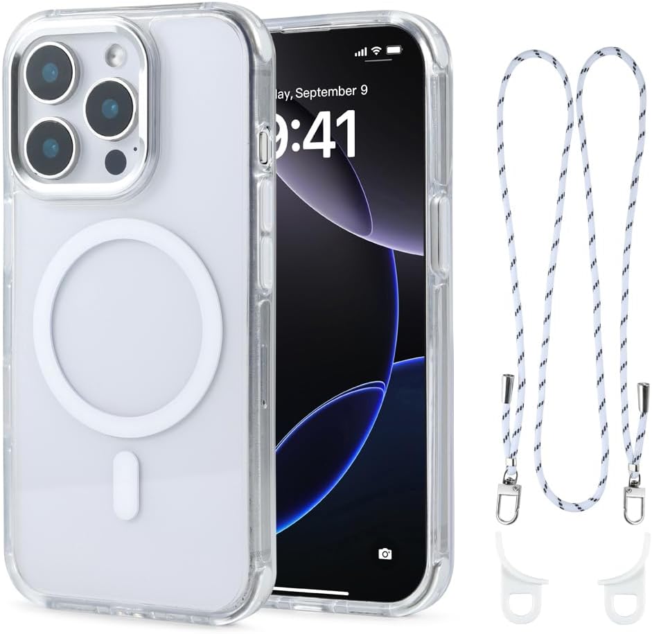 for iPhone 14 Pro Max Case with 62.99 inch Lanyard, Classic Clear&White Magnetic Phone Case, Drop&Shockproof Protection Cases, Phone Holder Lanyard, Compatible with Magnet Accessory