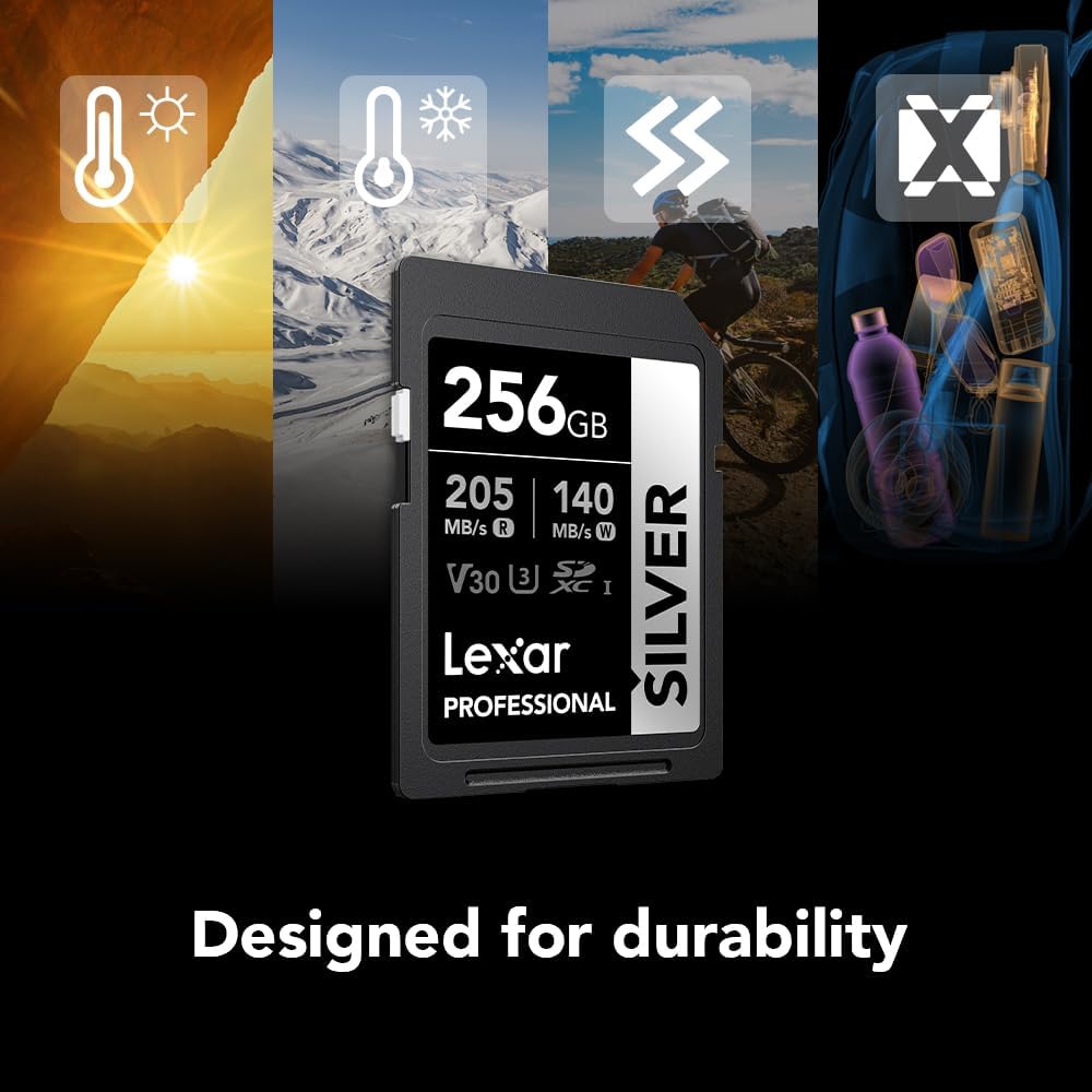 Lexar 256GB Professional Silver SD Card, UHS-I, C10, U3, V30, 4K, Up to 205/140 MB/s SDXC Memory Card, for Professional Photographer, Videographer, Enthusiast (LSDSILV256G-BNNNU)