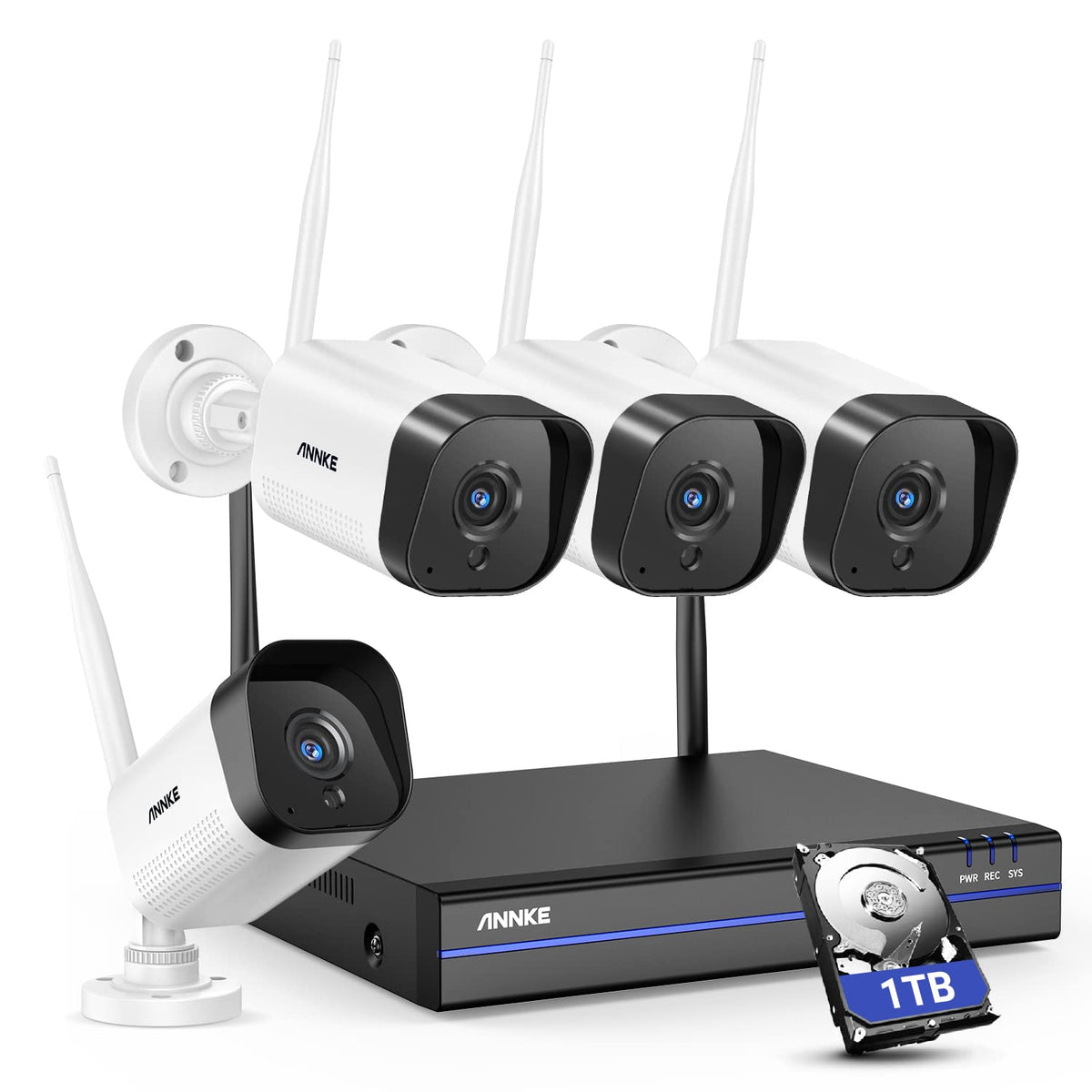 ANNKE WS300 3MP Wireless Camera System, 8 Channel 5MP Wireless NVR with 4Pcs 3MP Weatherproof IP Cameras, Compatible with Alexa, 100ft Night Vision