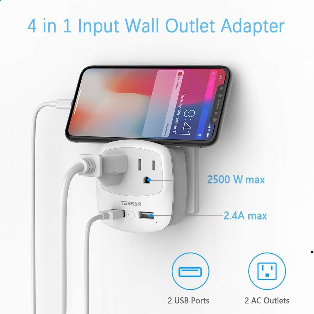 TESSAN US to Japan Plug Adapter, 2 Prong to 3 Prong Outlet Adapter with Two AC Outlets 2 USB Ports, Travel Power Adaptor for USA to Japanese Tokyo Canada Mexico Philippines Peru Colombia, Type A
