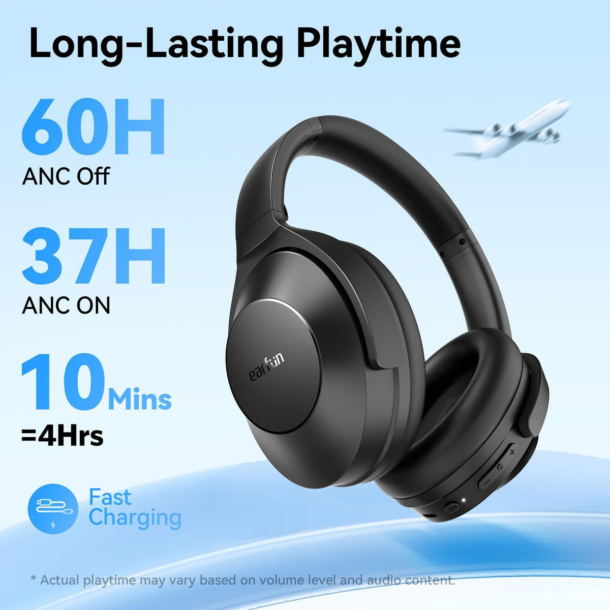 EarFun Wave Life Hybrid Active Noise Cancelling Headphones, Wireless Over Ear Bluetooth 5.4 Headphones, 4 Mics AI Clear Call, Deep Bass, 60H Playtime, Comfortable Fit, Custom EQ, Multipoint Connection