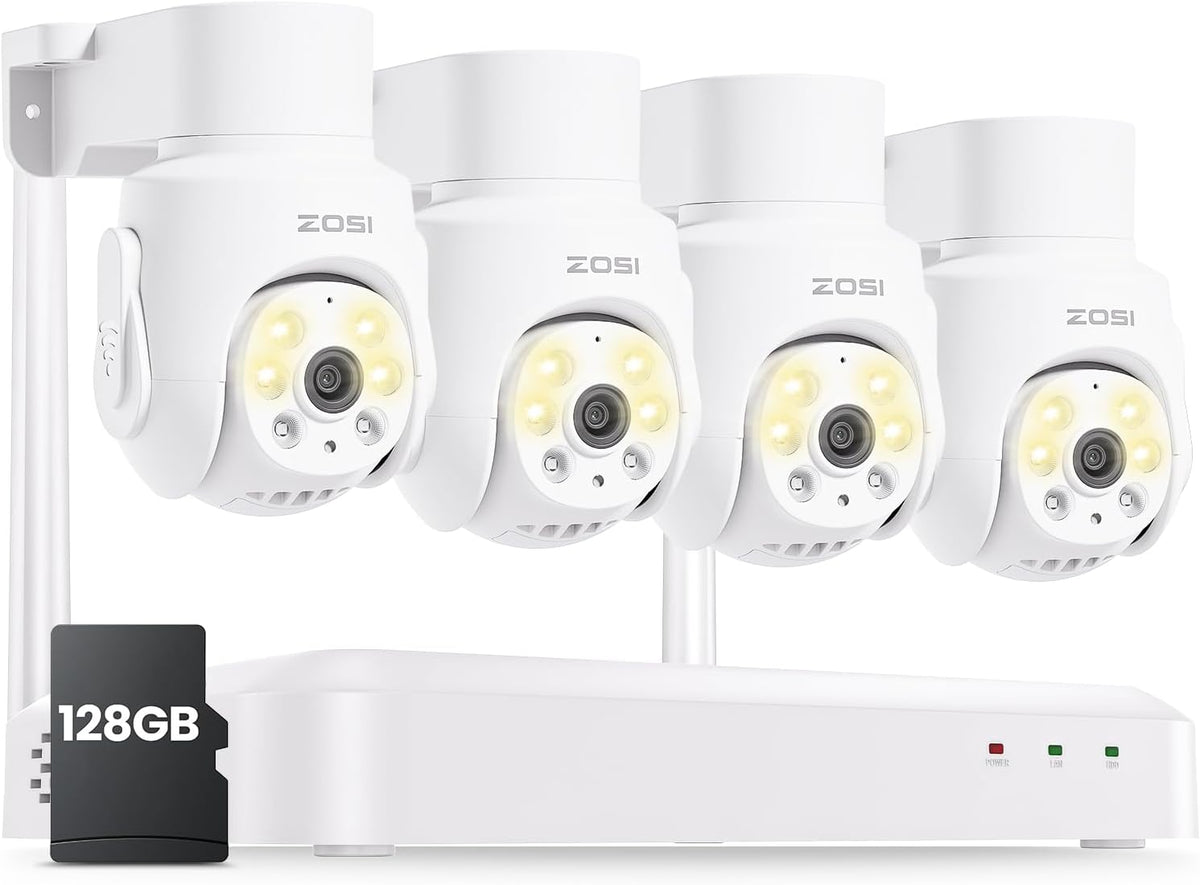ZOSI 8 Channel 3K Wi-Fi 6 Security Camera System with 128G Memory Card for 24/7 Record, 4 x 5MP Pan Tilt WiFi Camera with Auto Tracking, Color Night Vision, Plug-in, AI Person Detect, 2-Way Audio