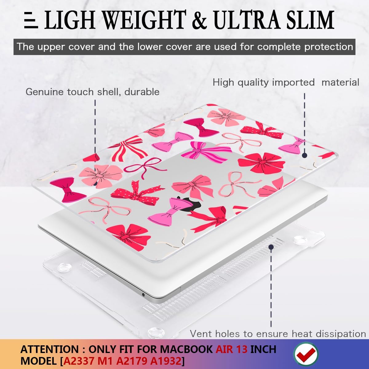 CISSOOK Compatible with MacBook Air 13 inch Case 2022 2021, 2020-2018 Release Model M1 Chip A2337 A2179 A1932, Plastic Hard Shell Case for MacBook Air 13-inch with Retina Display Touch ID, Pink Bows