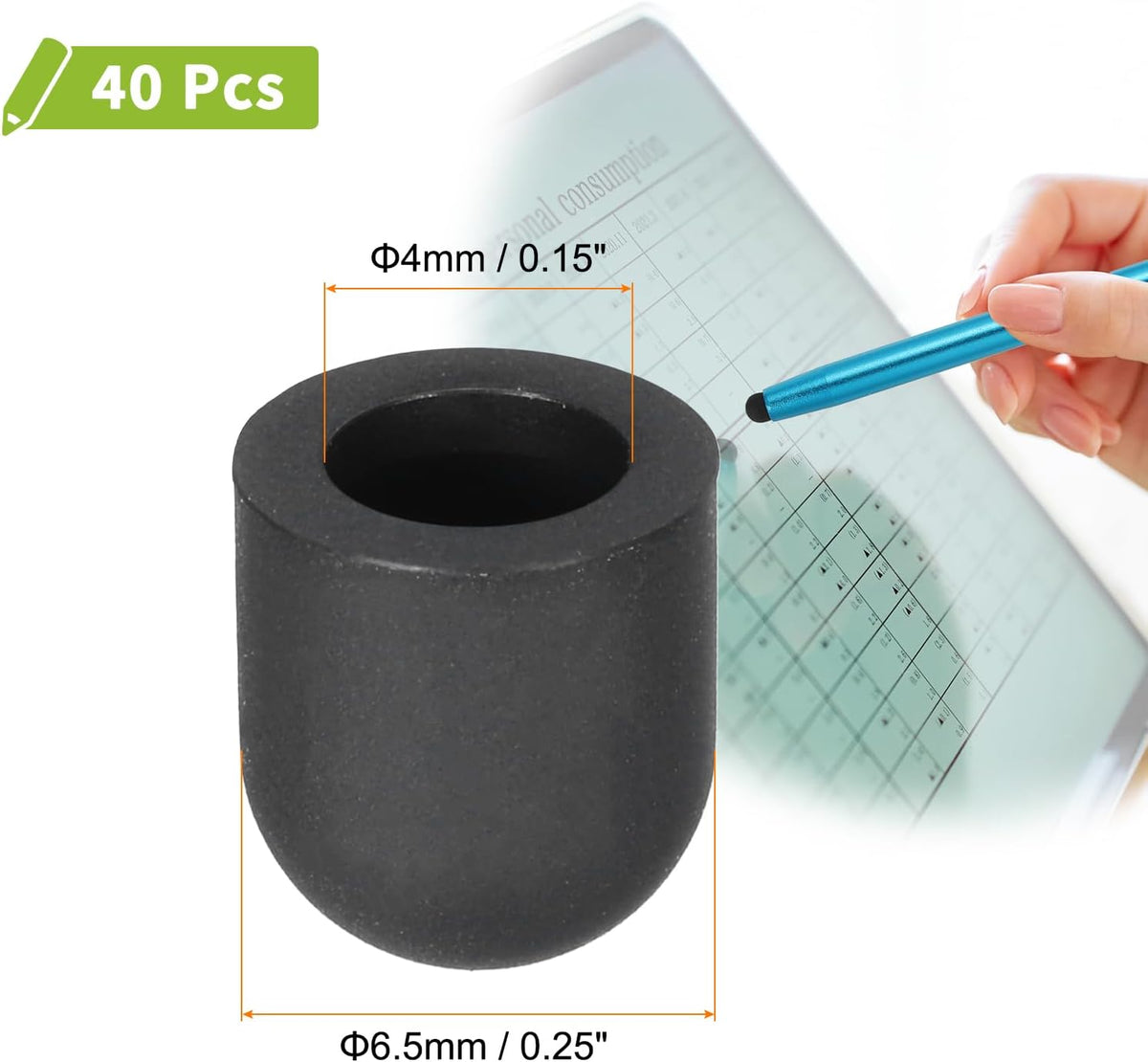 MECCANIXITY 40Pcs Replacement Stylus Pen Tips 6.5mm Conductive Capacitive Touch Screen Pens Tips Silicone Rubber, Black