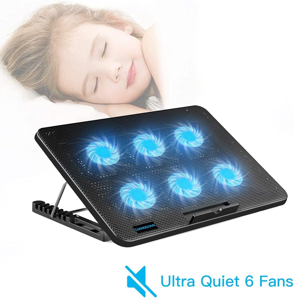 LIANGSTAR Laptop Cooling Pad, Laptop Cooler with 6 Quiet Fans for 12-17 Inch Notebook Gaming Fan Stable Stand, 7 Height & Wind Speed Adjustable, 2 USB Port & Phone Holder (Black)