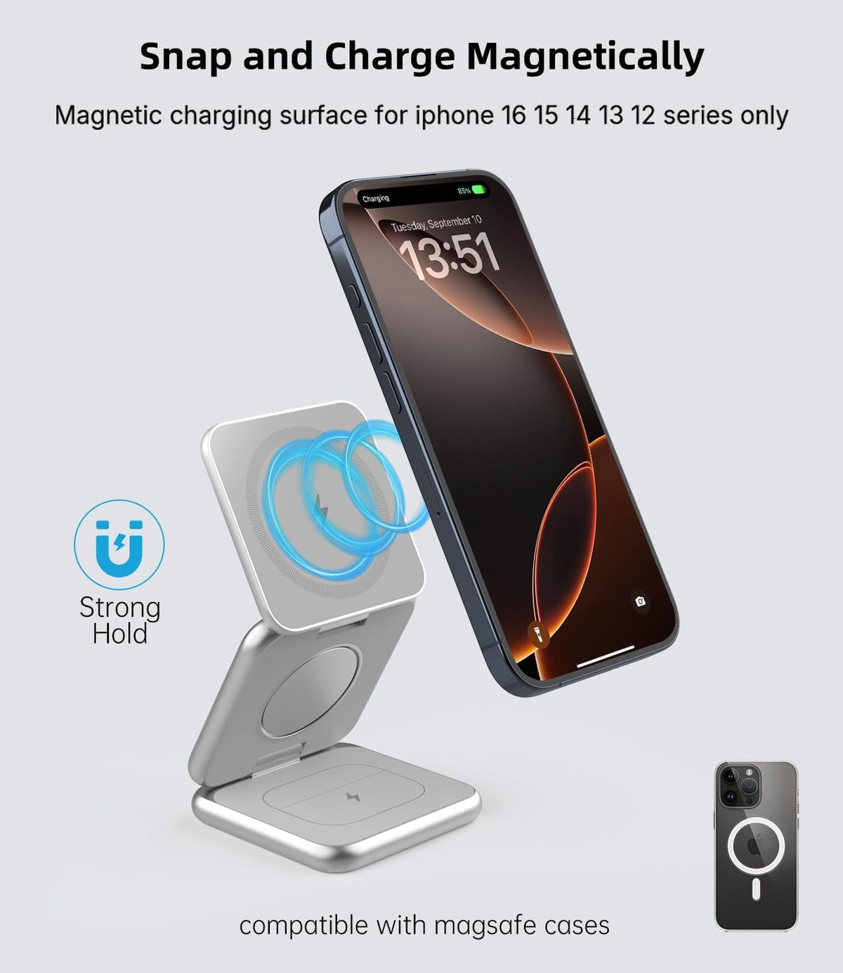 Foldable Magnetic Wireless Charger, KU XIU X40 Aluminum Alloy 3-in-1 Charging Station for Apple, Fast Charging Travel Charger for iPhone 16 15 14 13 12Series, 5W Apple Watch 1-10/Ultra, AirPods,Silver