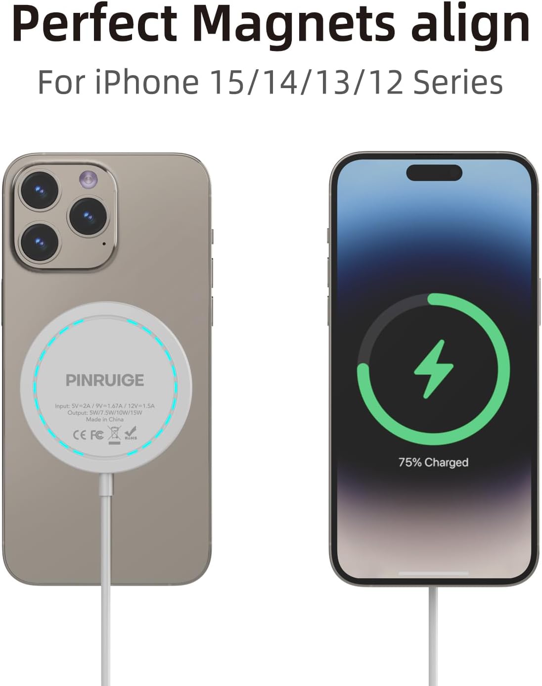 Magnetic Wireless Charger for iPhone 15W Wireless Charger Fast Mag Safe Wireless Charging Stand Pad Compatible for iPhone 16/16 Pro/Pro Max/15/14/13/12/Pro with Wall Charger for AC Adapter, White