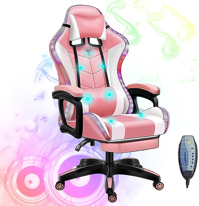 RGB Video Gaming Chairs with Speakers Ergonomic Pro Gaming Chair with Full Massage Lumbar Support and Retractible Footrest Adjustable Backrest Computer Chair High Back Recliner ChairPink