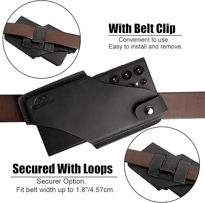 Topstache Leather Cell Phone Holster for iPhone 17/17 Pro/16/16 Pro - Belt Clip Cell Phone Case for Men for Galaxy S25/S24/S23 - Magnetic Closure Leather Holster Holder Pouch, M,Black