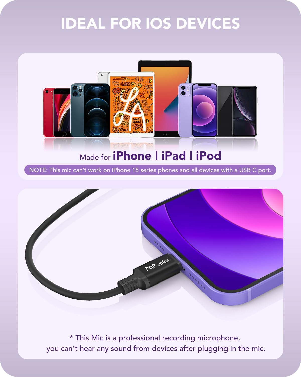 PoP voice Microphone Professional for iPhone Lavalier Lapel Omnidirectional Microphone for iPad, iPod, Condenser Mic for iPhone Audio & Video Recording, YouTube, Interview, Podcast, Vlogging(6.6 Feet)